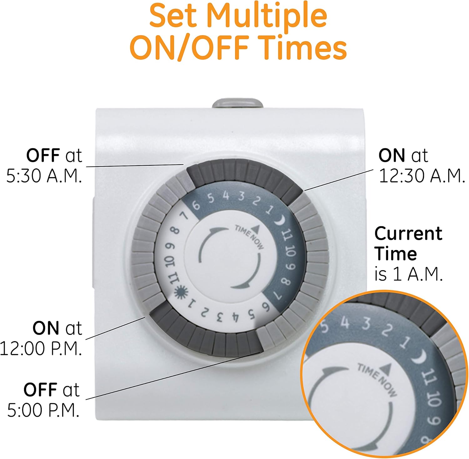GE 24-Hour Heavy Duty Indoor Plug-in Mechanical Timer, 2 Grounded Outlets, 30 Minute Intervals, Daily On/Off Cycle, for Lamps, Seasonal, Christmas Tree Lights and Holiday Decorations, 15075 - Plug In Timer Switches - 