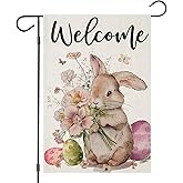 EKOREST Welcome Easter Bunny Garden Flags 12x18 Inch Double Sided, Rabbit with Eggs Flowers Small Seasonal Decoration for Holiday Anniversary Yard Outside Outdoor Decor