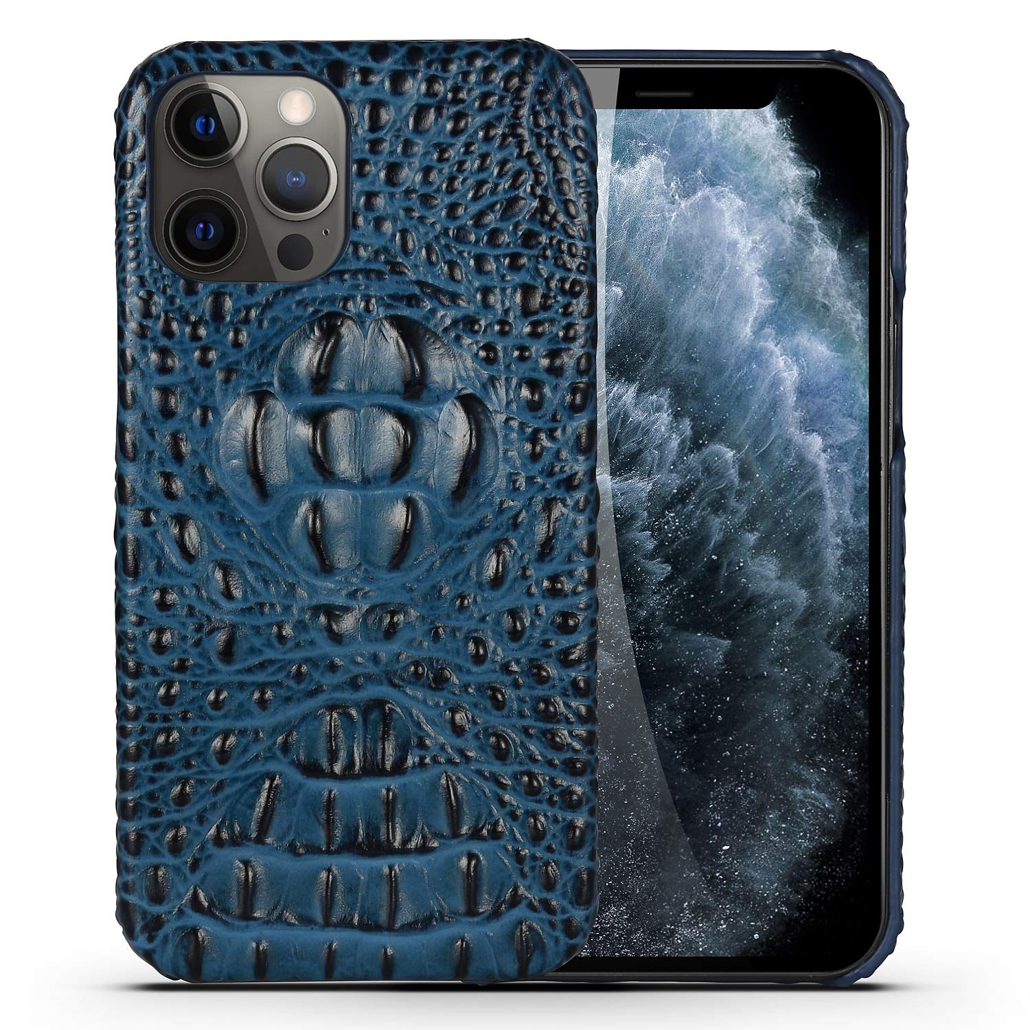 nincyee Genuine Leather Basic Case for iPhone 12 Pro and iPhone 12,Luxurious Crocodile Head Relief Premium Real Leather Handmade Case Half Wrapped Blue
