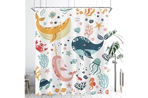 oolygoo Kids Funny Ocean Whale Shower Curtain 60"X72" Fish Nursery Colorful Shower Curtain Set for Bathroom Underwater Sea Girls Boys Waterproof Bathtub Curtain Cartoon Bathroom Curtain with 12 Hooks