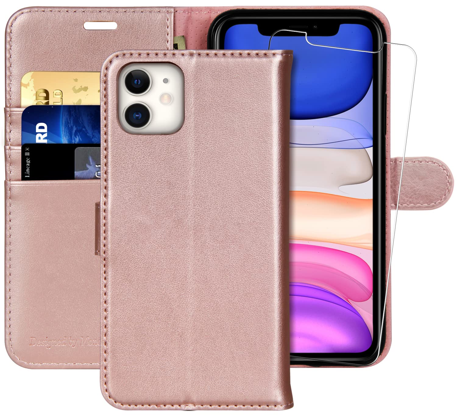 MONASAY Wallet Case for iPhone 12 Pro/iPhone 12 5G,6.1-inch[Glass Screen Protector Included] [RFID Blocking] Flip Folio Leather Cell Phone Cover with Credit Card Holder,Rose Gold