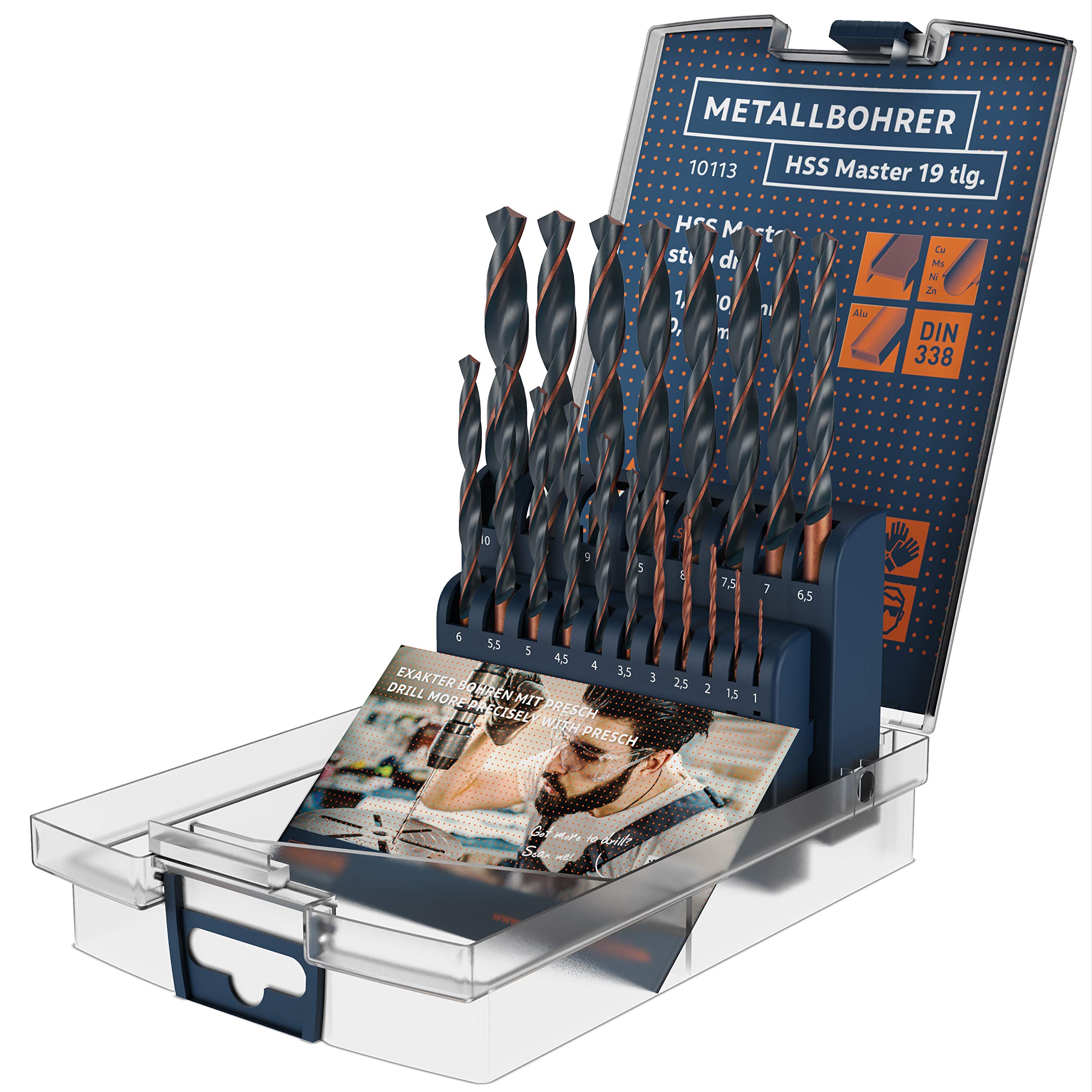 Presch HSS Steel Drill Bit Set for Steel, Al, Cu and Brass - Self Centering High Speed Metal Set - 19 pcs with 1-10mm Diameter