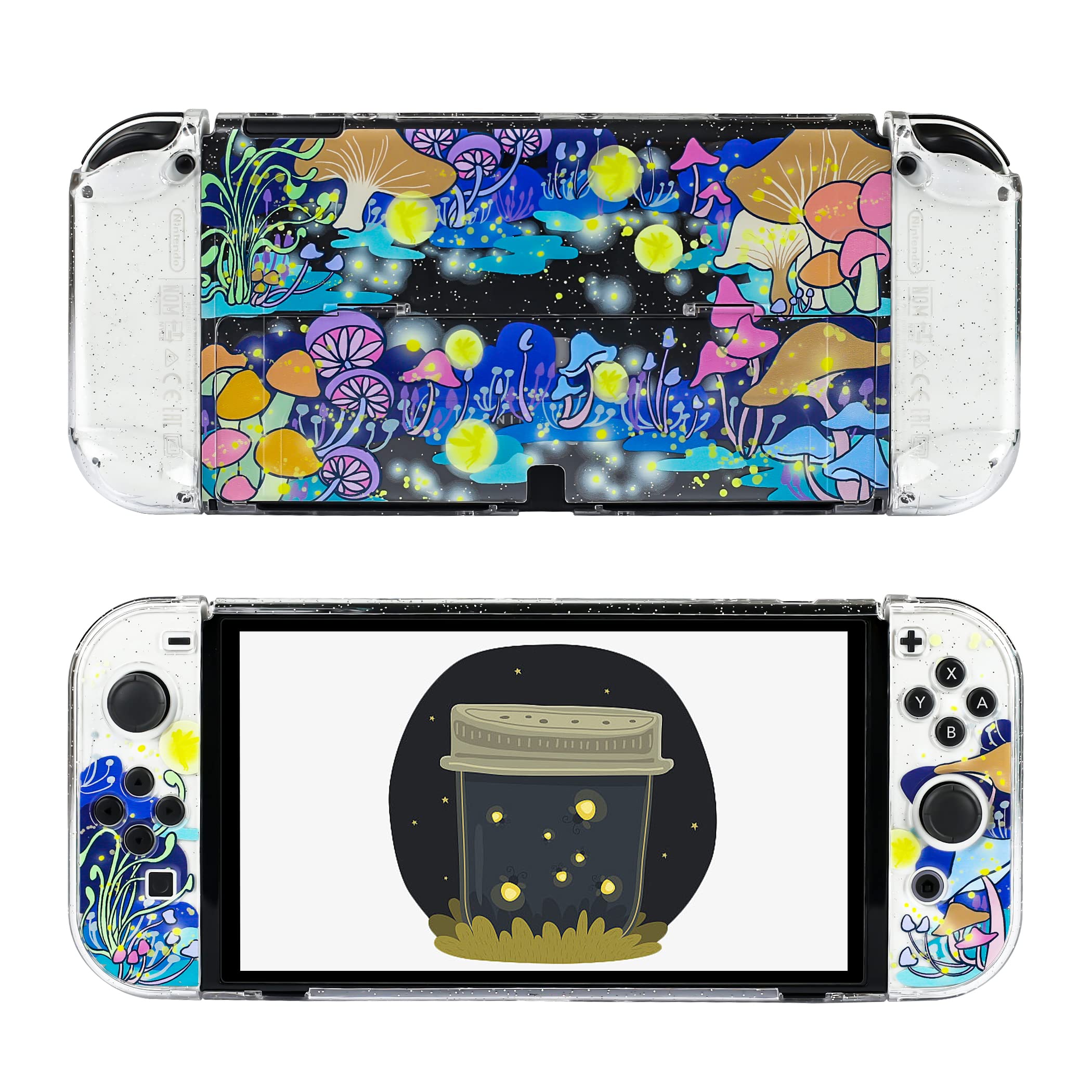 RHOTALL Mushroom Clear Cover Case Compatible with Nintendo Switch OLED, Transparent Shell with Cute Pattern Design for Switch OLED Console, Comfort Grip Shell for Controller - Glowworm