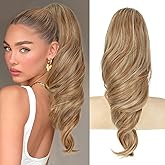 Lommel Ponytail Extension 18Inch Claw Clip Ponytail Extension Brown with Golden Highlights Wavy Curly Claw Clip in Ponytail Hair Extensions, Natural Fake Ponytail Synthetic Hairpiece for Women