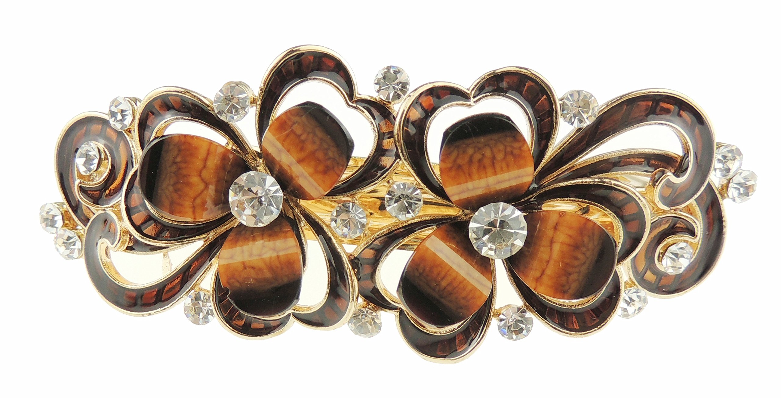 Womens Girls Crystal Rhinestone Diamante Wedding Birthday Party Evening Ponytail Fine Medium Hair Accessories Occasion Barrette Hairpin Grip French Spring Clip Enamel Two Flowers Brown
