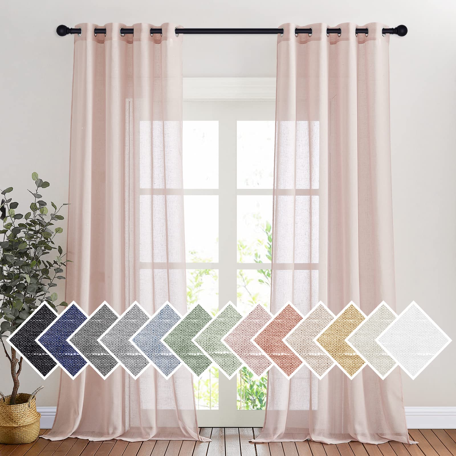 Photo 1 of NICETOWN Linen Textured Semi Sheer Bedroom Curtains, Grommet Top Flew to Floor Thick Semitransparent Window Treatment Privacy Light Reducing for Nursery, W52 x L96, Dusty Blush, 2 Panels