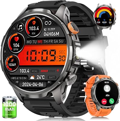 Smartwatch Herren Militär mit 1000mAh und LED Taschenlampen (Orange)
