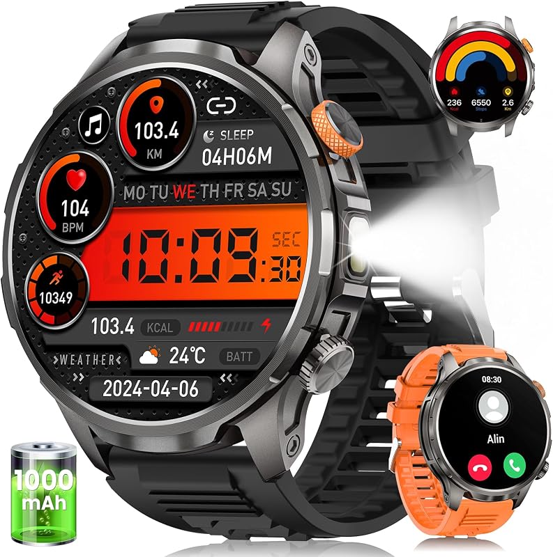 Smartwatch Herren Militär mit 1000mAh und LED Taschenlampen (Orange) — Foto 1 von 8