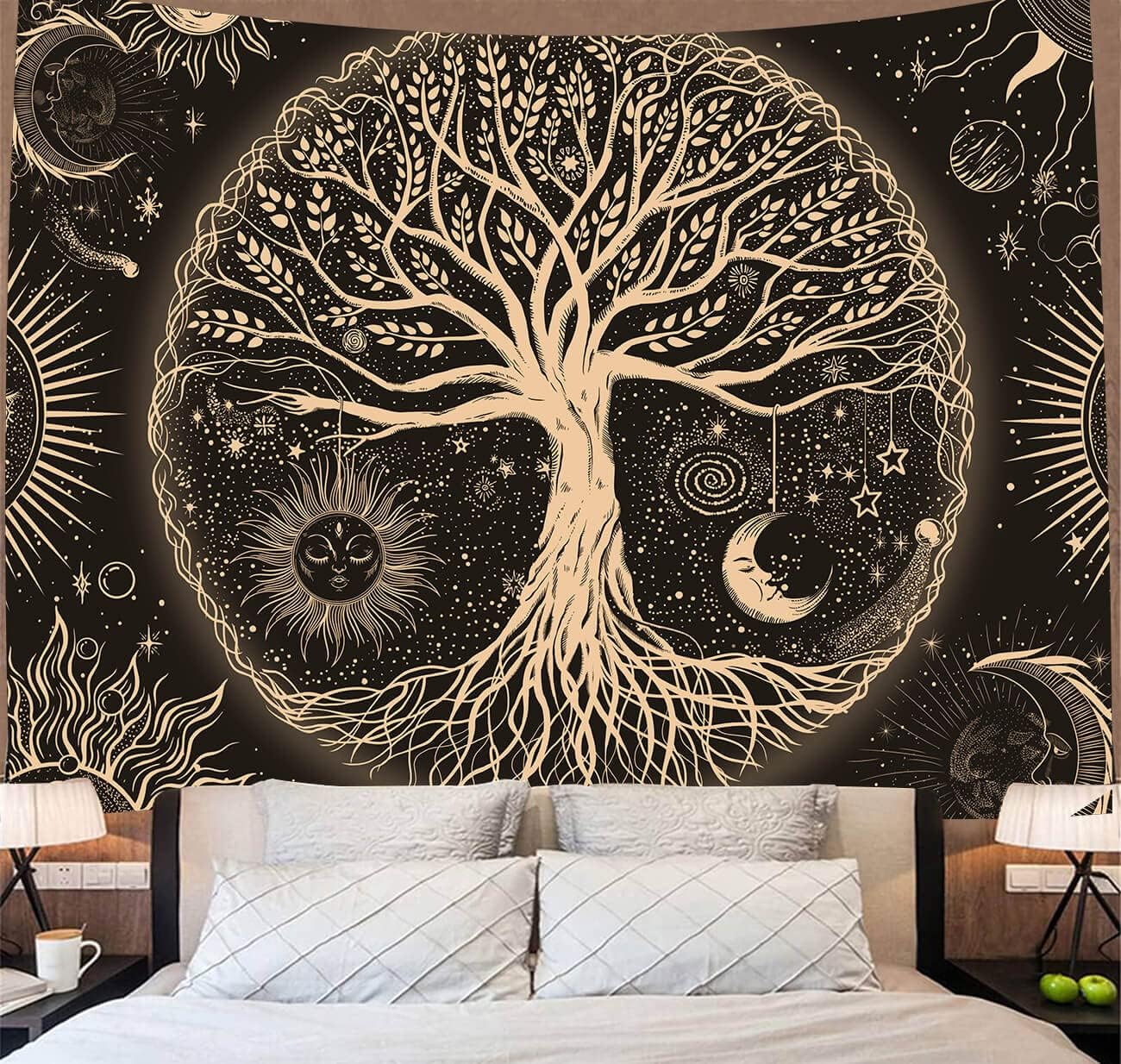 Tapestries - FORATER Tree of Life Tapestry Wall Hanging Sun Moon Stars Tapestries Aesthetic Galaxy Wall Tapestry Nature Home Decoration for Living Room Bedroom(53 x 61 Inch, Black and Gold)