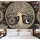 FORATER Tree of Life Tapestry Wall Hanging Sun Moon Stars Tapestries Aesthetic Galaxy Wall Tapestry Nature Home Decoration for Living Room Bedroom(53 x 61 Inch, Black and Gold)