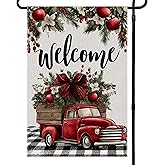 Christmas Garden Flag Truck Welcome Winter Small Flags for Outside, 12x18 Inch Buffalo Plaid Apple Double Sided Burlap Banner Holiday Outdoor Yard Decoration