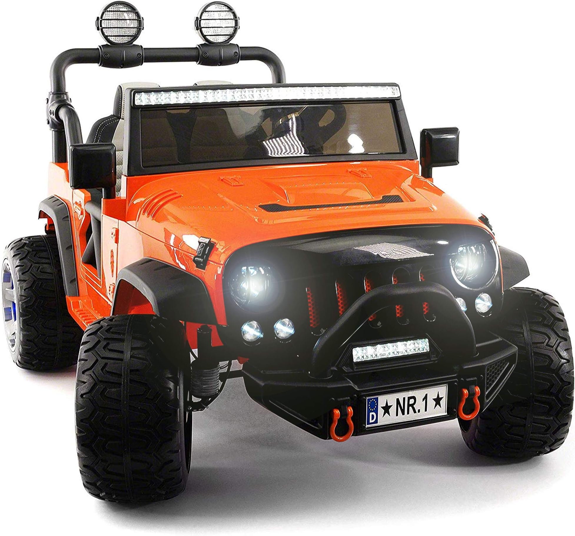 2020 Two (2) Seater Ride On Kids Car Truck w/ Remote | Large 12V Battery Licensed Kid Car to Drive 3 Speeds, Leather Seat, MP3 Music by Bluetooth, FM Radio, Rubber Tires (Orange, Two Seater)