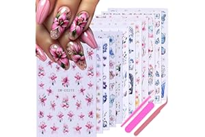 STZPRONAIL Flower Stickers for Nail Art Decals - 12 Sheets Spring Butterfly Nail Stickers with Tweezers 3D Floral Leaves Plant Nail Art Designs DIY Self Adhesive Daisy Blossom Nail Supplies Decorations