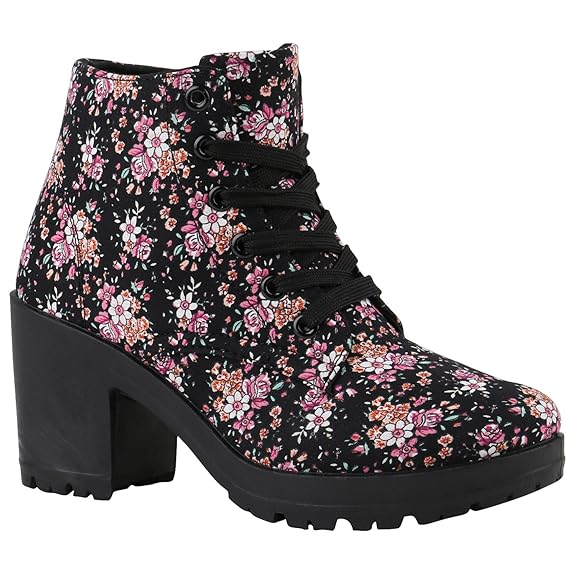 Stiefelparadies Damen Schnürstiefeletten mit Blockabsatz Profilsohle Plateau Vorne Flandell