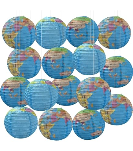 15-Pack Around The World Paper Lantern Hanging Decorations – Travel Map Globe Theme, 8", 10", 12" Sizes, For Earth Day, Classroom, Birthday Parties, And Global Theme Events