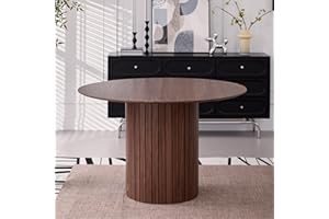 Lecafur HL Round Dining Table,47 Inches Modern Wood Kitchen Table for 4,Farmhouse Table with Two-Part Table Top and Wooden Strip Columns Base for Kitchen Dinning Room,φ47.2"x29.5"H,Brown
