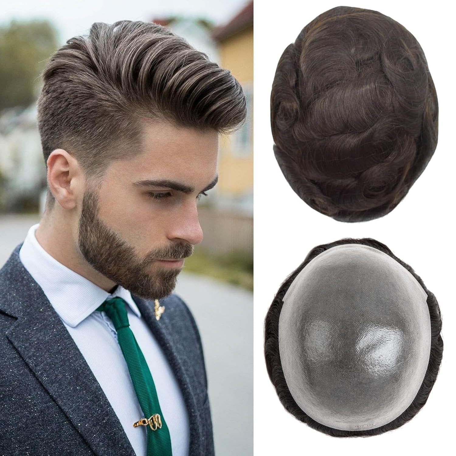 Toupee For Men 0.1mm Poly Skin Human Hair System For Men Men'S Toupee V-Loop Knots Durable Pu Toupee Human Hair Mens Wig Base Size 8X10 Inch 120% Density （#3）