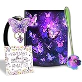 Hyturtle Butterfly Mug Set with Spoon & Keychain Gifts for Her, Christmas Birthday Gifts For Women Girls, Purple Night Butterflies Mug Set, Unique Gift Ideas For Friends 11oz Black Ceramic Tea Cup