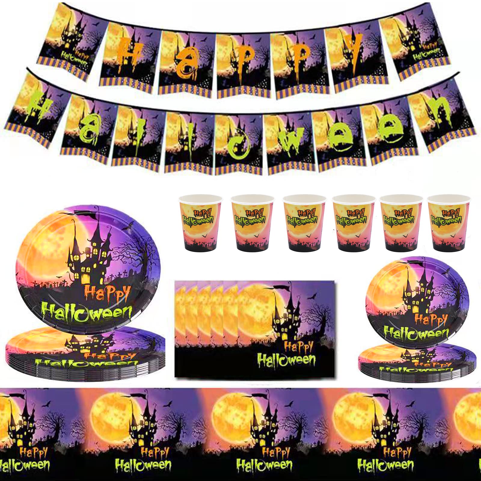 85Pcs Halloween Party Tableware Set 16 Guests,Halloween Disposable Dinnerware Set Tableware Decor, Banner,Plastic Tablecloth,Napkins,Paper Plates and Cups for HalloweenParty Supplies Tableware Decor — image 1