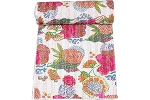 Marubhumi Quilts Indian Handmade Indian Traditional Blankets, Reversible,Pure Cotton Fruit PrintKantha Quilt, Comforter, White - Queen 90 x 108 Inches