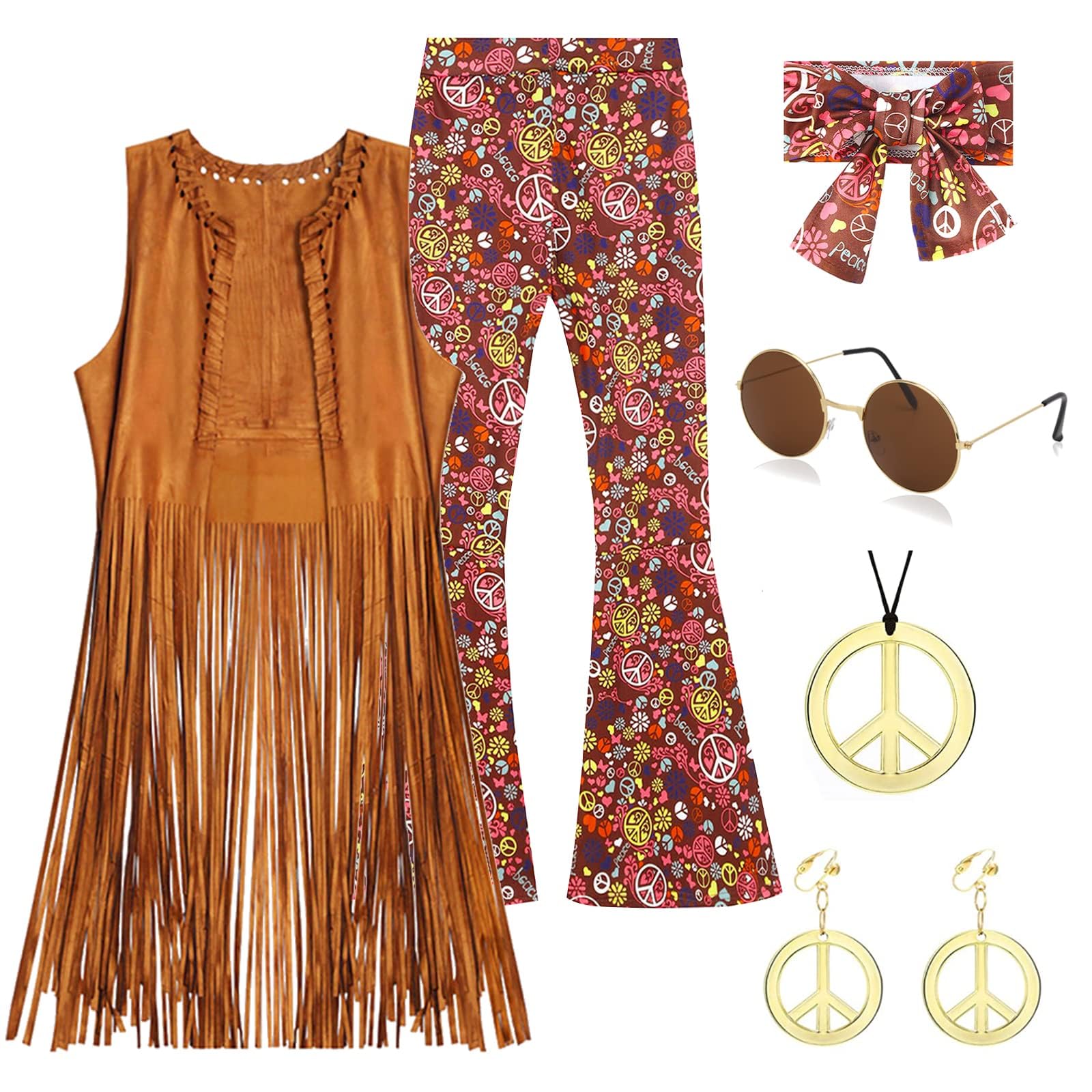 Disco Hippie 70s Fancy Dress - Women's Fringe Vest & Flared Pants, Accessories - Adult Halloween Costume (XL)