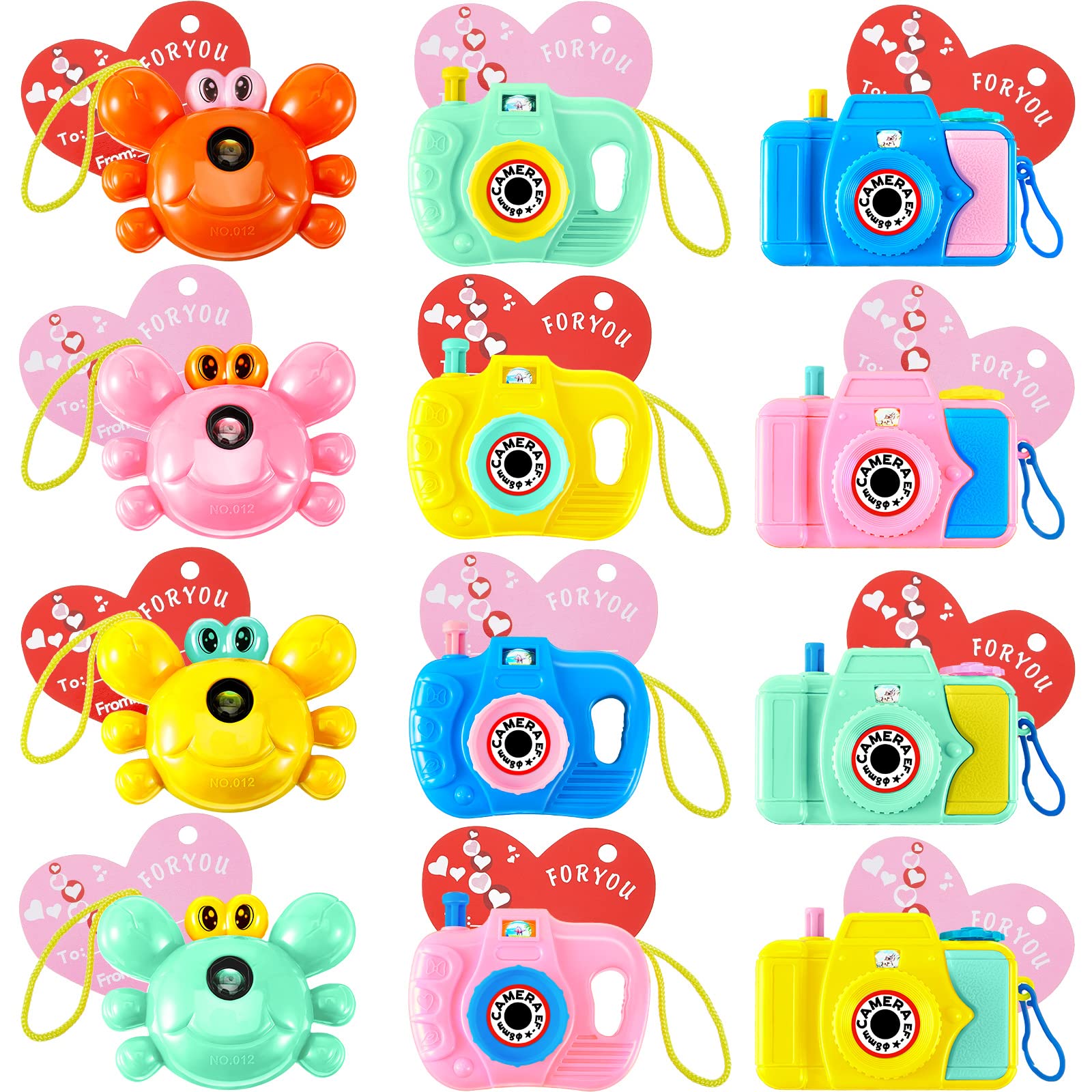 Photo 1 of 12 Pieces Valentines Camera Toy Set Preschool Daycare Toddler Valentines Toy Gift Camera with Image in Viewfinder Crab Shape Pretend with Cards Gift for Kid Preschool Classroom Exchange Present