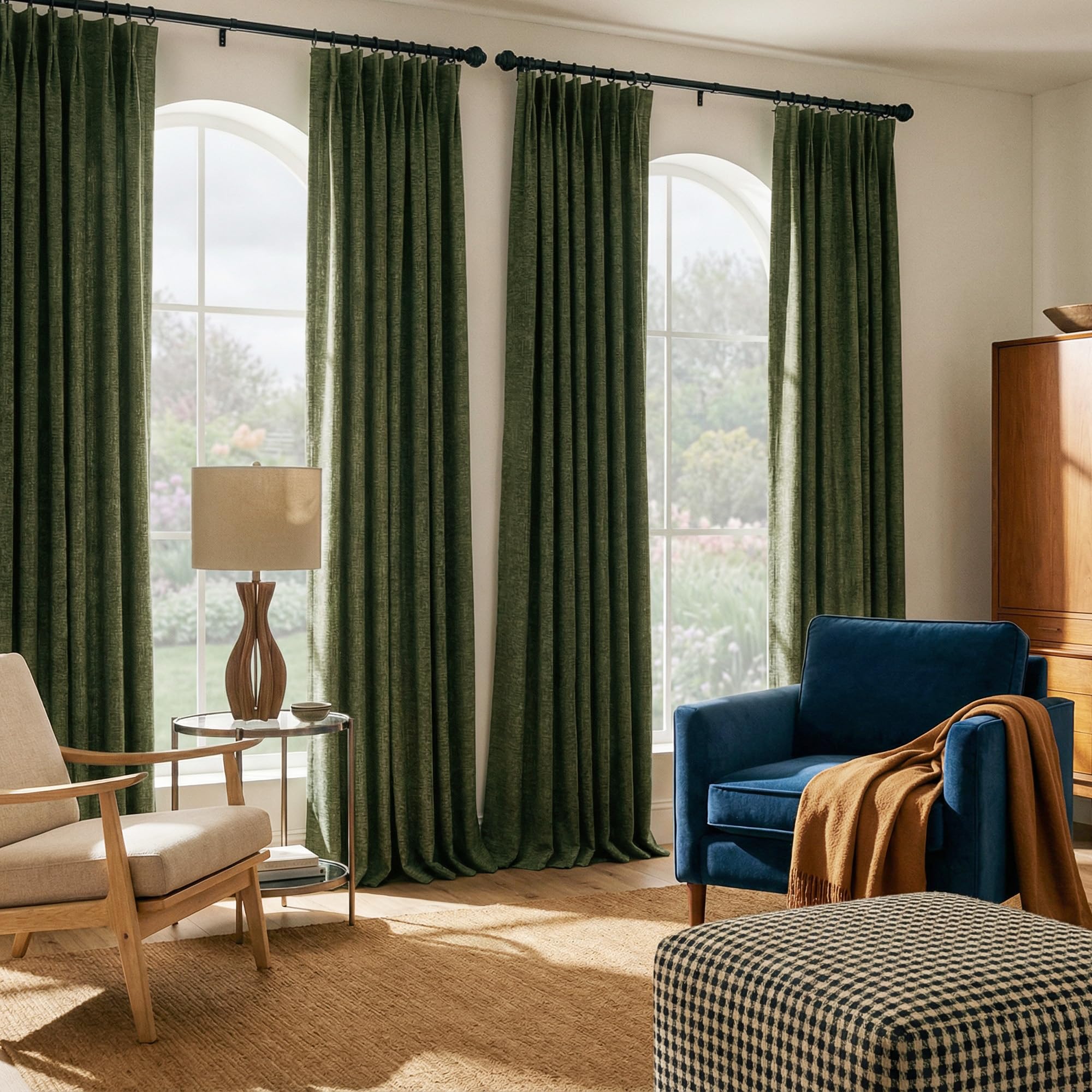 NICETOWN 395GSM Linen Pinch Pleated Vintage Olive Green Curtains 90 inch Long with Hooks - Room Darkening Wrinkle Resistant Drapes for Dining Room & Bedroom, Modern Home Decor (40