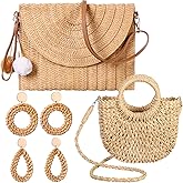 JaGely 2 Pack Women Straw Crossbody Bag Straw Clutch Rattan Purse for Women with 2 Pairs Rattan Earrings for Summer Beach Holiday Accessories