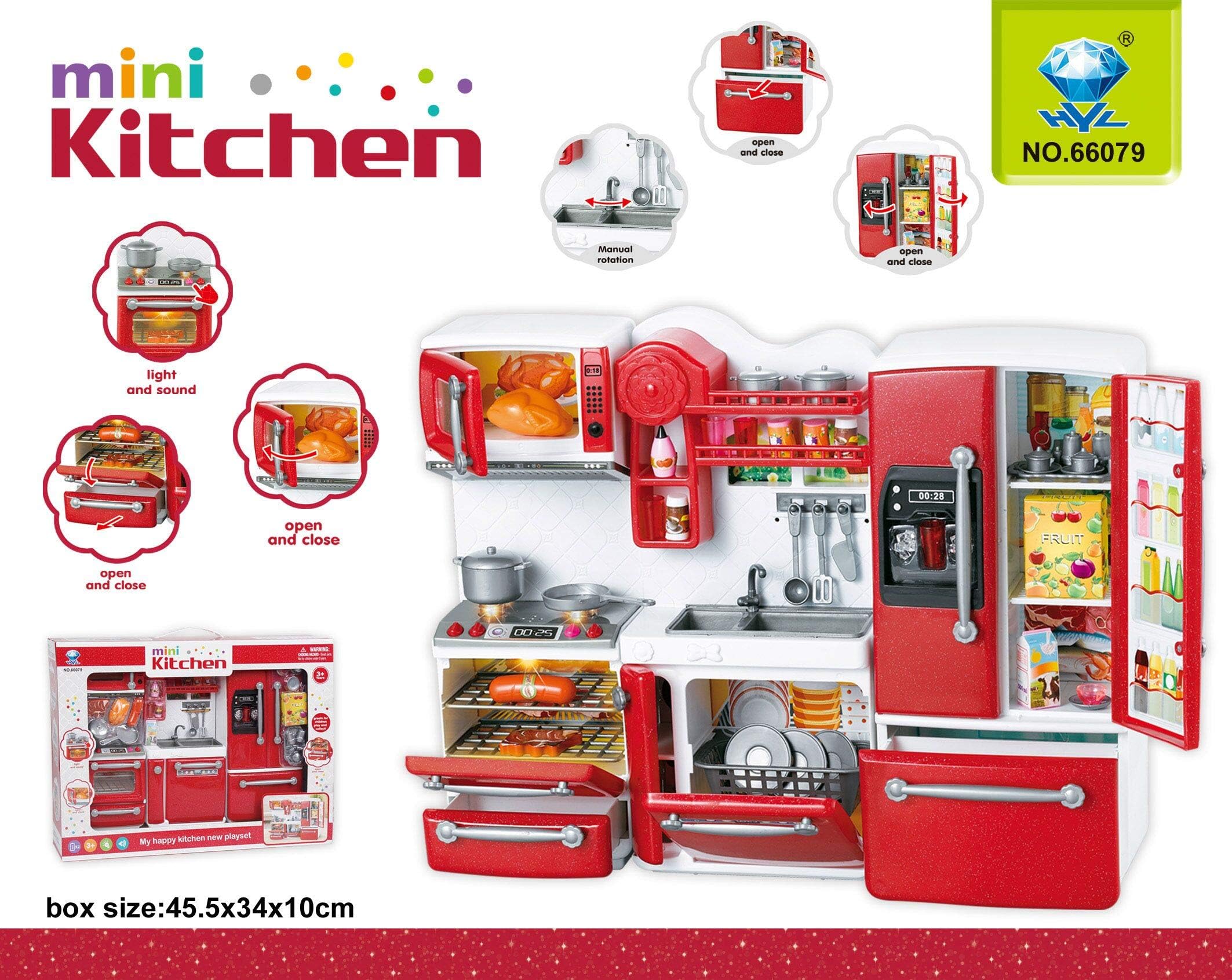 GIRL FUN TOYS Red Happy Kitchen Barbie Compatible Toy Play Set with Refrigerator Store