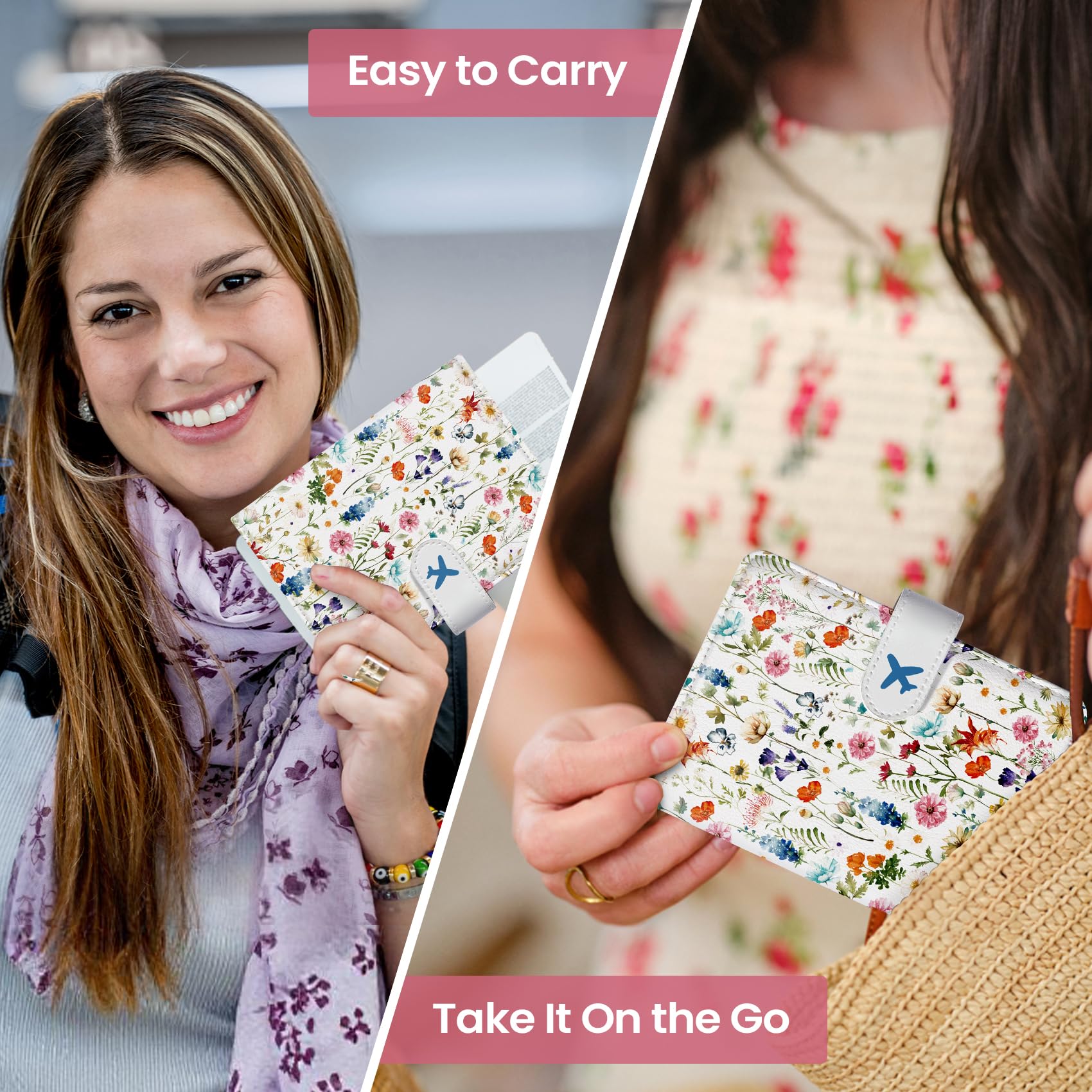 Passport Holder for Travel Essentials, RFID Blocking Leather Cover Wallet with Magnetic Closure, Aesthetic & Cute Passport Book Case for Women and Men - Wildflower