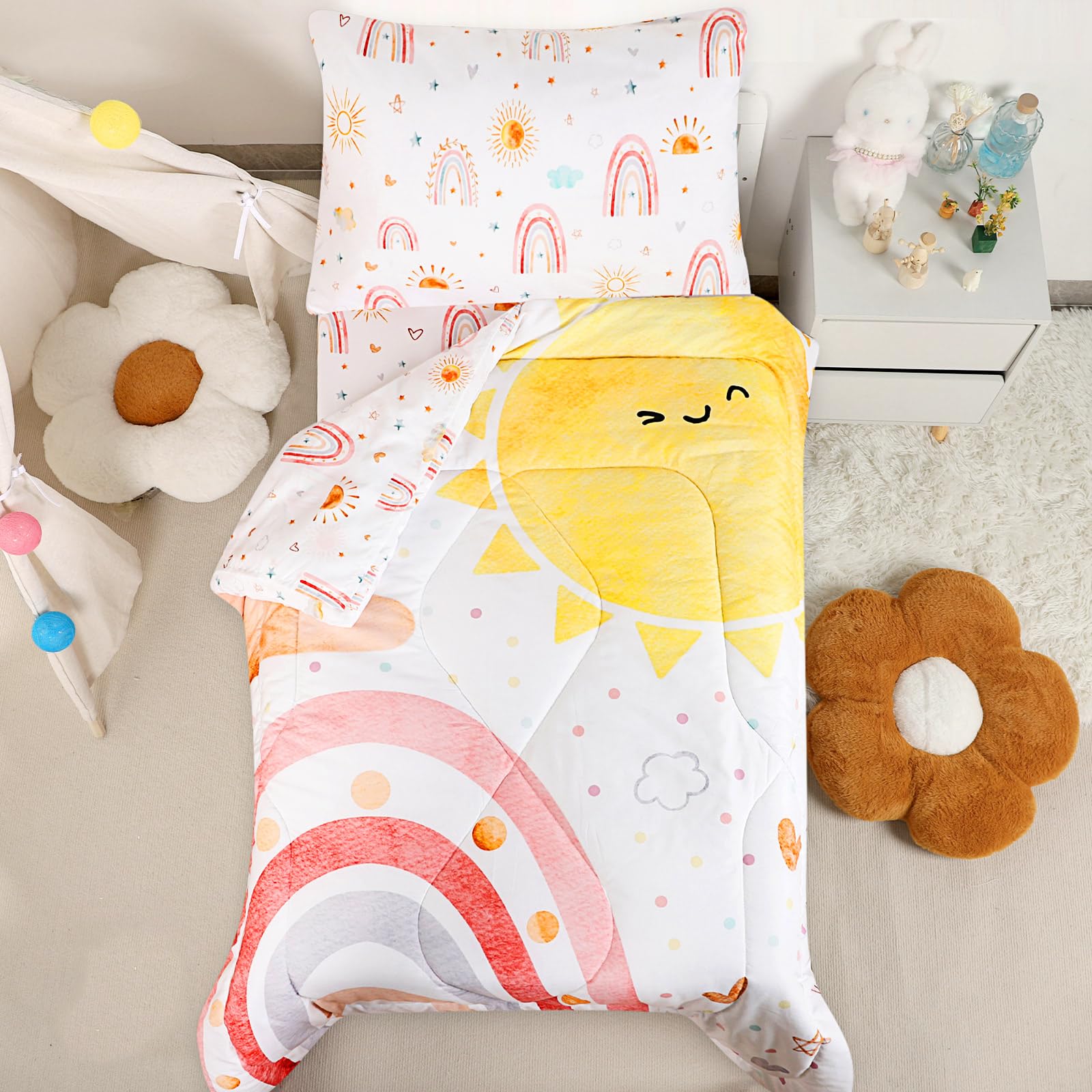 Photo 1 of CARUILI Toddler Bedding Set for Girls, 4 Piece Rainbow Toddler Girl Bedding Set, Super Soft & Lightweight Toddler Comforter Set Includes Comforter, Flat Sheet, Fitted Sheet, Pillowcase (Pink)