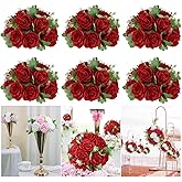 RIDDSEE Artificial Flower Wedding Centerpieces - 10.6inch Red Rose Silk Floral Half Ball 6Pack - Faux Flower Balls Plastic Base for Event Table Arrangement Party Home Room Décor