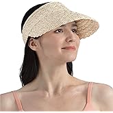 SUN CUBE Women Sun Visor Hat, Straw Beach Hat Wide Brim UV Protection, Foldable Packable Cap, Roll Up Ponytail Summer Visor