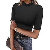ANRABESS Women Tops Mock Neck 1/2 Short Sleeve Slim Fit Basic Tee Shirts Dressy Work Business 2026 Summer Fall Casual Outfits