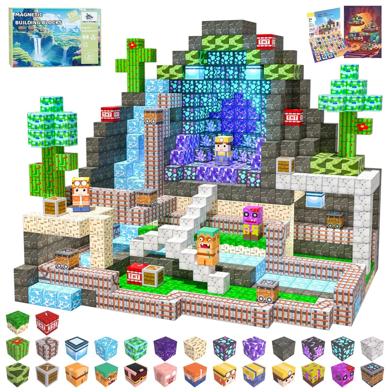 CraftyNest Magnetic Blocks, 150PCS Magnetic Building Blocks, Stacking Magnets for Kids, Sensory Toy for STEM Constructions Magnet Blocks for Boys Girls Age 3 4 5 6 7 8-12 Birthday Gifts