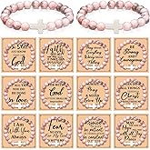 Cunno 12 Set Christian Cross Bracelets Bulk Religious Cross Beaded Bracelet for Women Men 12 Natural Beaded Stuffs Inspirational Cards Envelope Christian Jewelry Faith Gift(Classic Style,Pink)