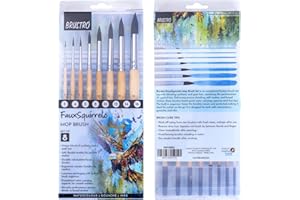 BRUSTRO Faux Squirrelo Mop Brush | Round, Set of 8 (Size- 1,4,5,8,10,12,14,16) | Synthetic and Natural Bristles, Short and Wooden Handle, Ideal for Watercolor, Gouache, Inks, Professional Artists