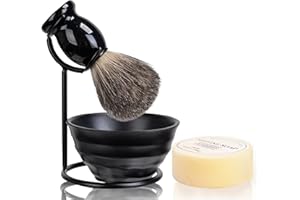 JEQUIL&CORENVEO Shaving Brush Set for Men, Pure Badger Hair Shaving Brush with Soap, Stand and Bowl