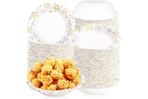 Greencian 100Pcs Christmas Paper Bowls 12 Oz Disposable Gold Silver Snowflake Bowl Gold White Christmas Salad Bowls for Xmas Holiday Wedding Party Decorations