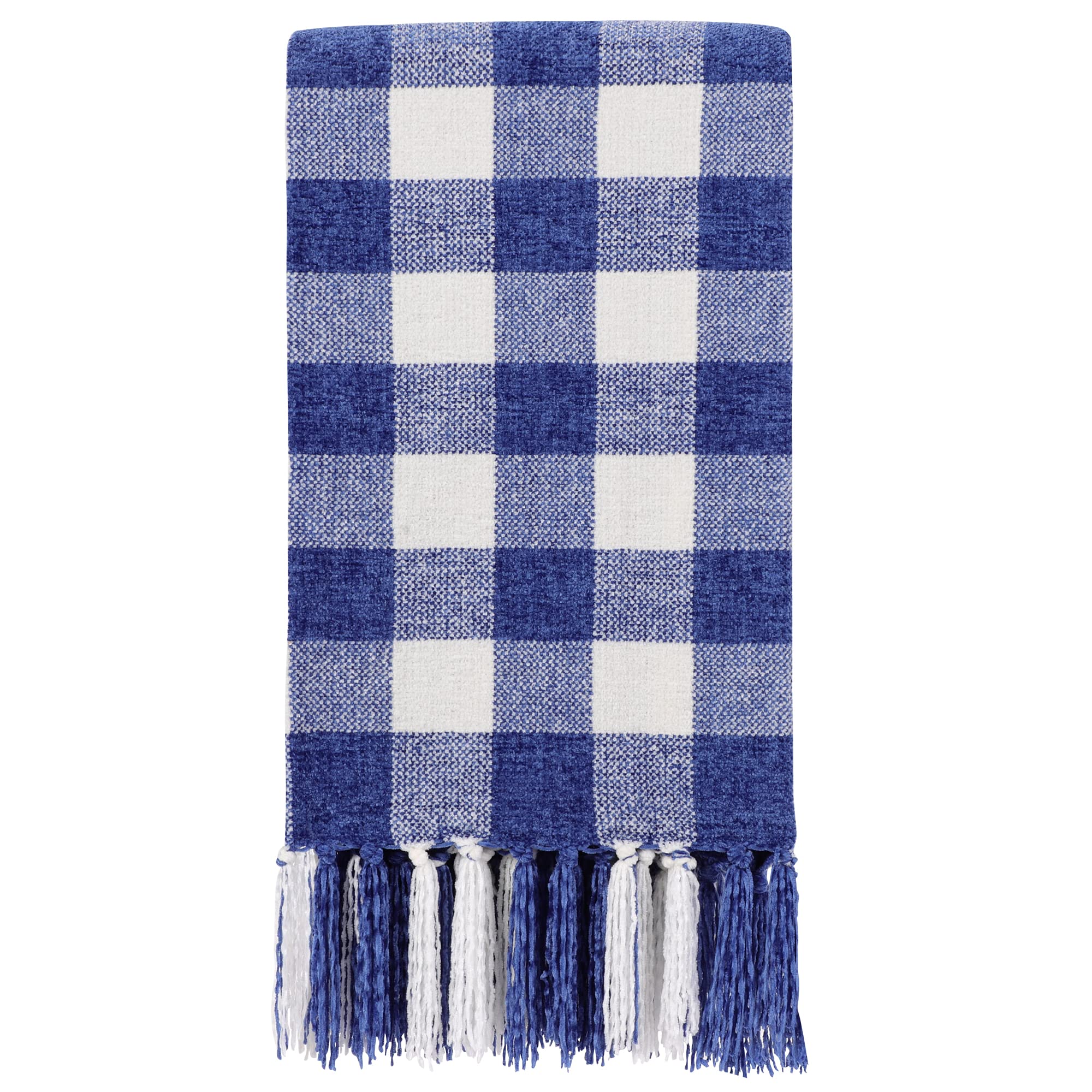 PiccoCasa Chenille Throw Blankets, Plaid Pattern Throw Blankets, Lightweight and Soft Blanket with Tassels for Travel, Couch, Bed, Sofa Blue and White 130x150cm