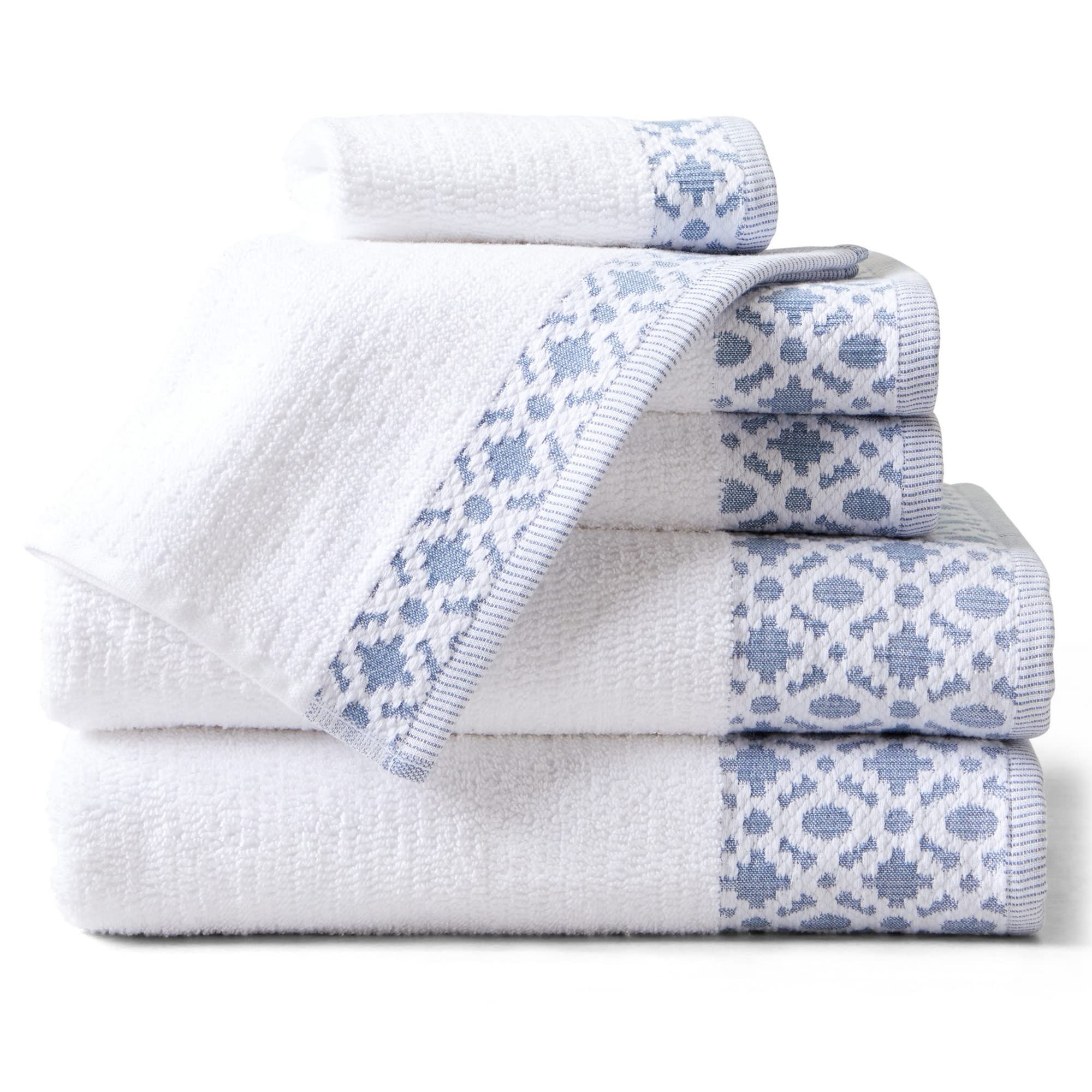 Photo 1 of 100% Turkish Cotton Luxury Towel Set | Super Soft and Highly Absorbent | Textured Dobby Border | 550 GSM | 2 Bath Towels, 2 Hand Towels, & 2 Washcloths | Nitra Collection (White / Denim Blue)