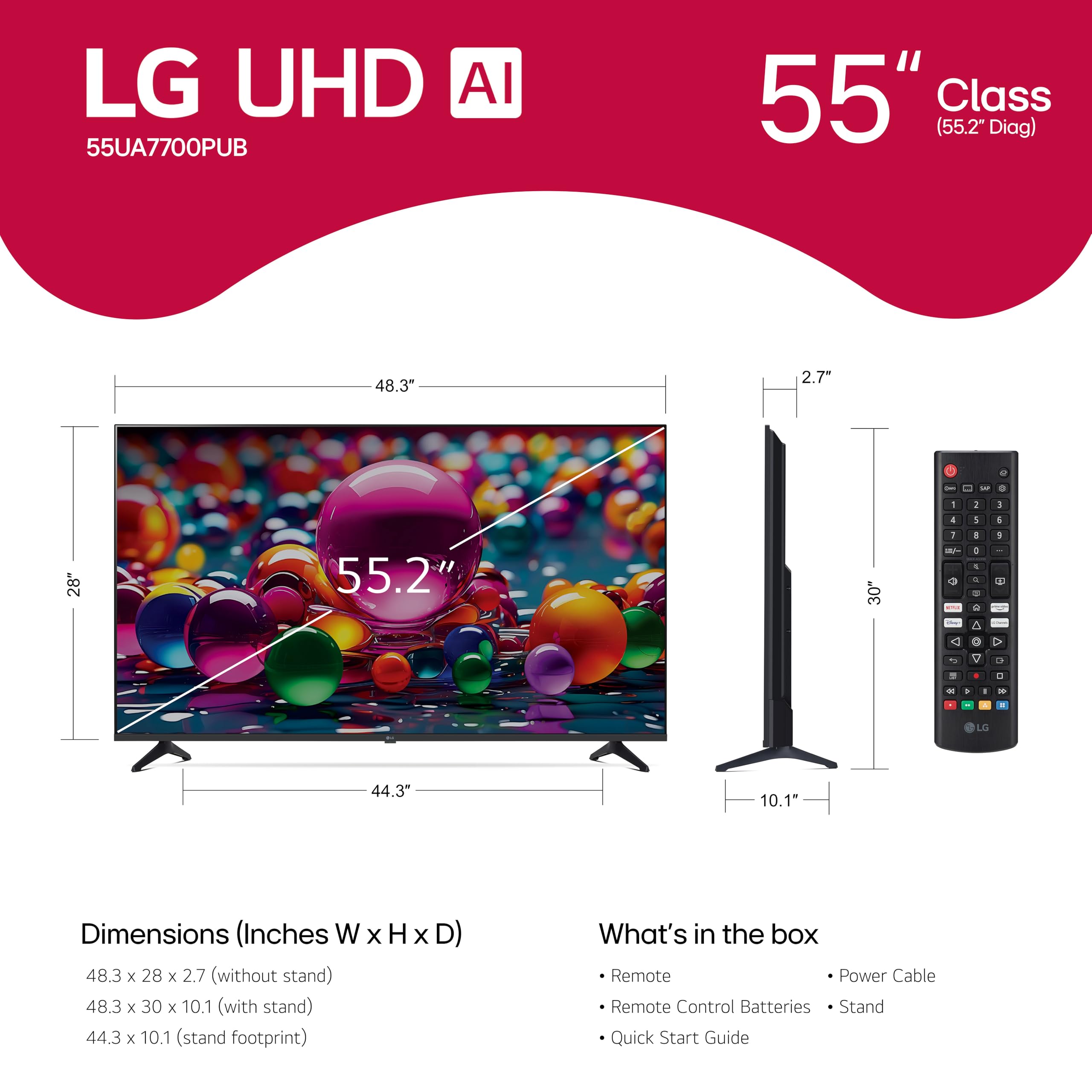 LG 55-Inch Class UHD AI 4K UA77 Series Smart TV w/AI Sound Pro, HDR10, 4K Super Upscaling, Filmmaker Mode, Wow Orchestra, Compatible with Alexa (55UA7700PUB, 2025)