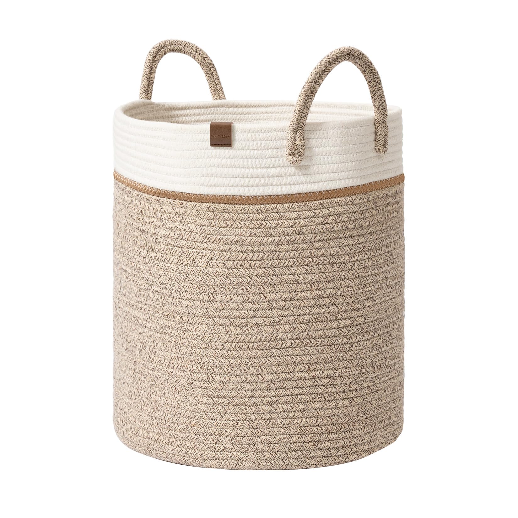 La Jolíe Muse Large Storage Basket - Cotton Rope Laundry Basket with Handle for Diaper Blanket Toy Towel Woven Laundry Basket Home Decor, White & Desert