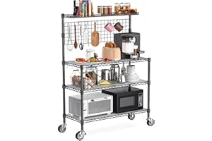 Leteuke Bakers Rack with Storage & Wheels, 42 Inch Microwave Stand Kitchen Shelves, 4-Tier Heavy Duty Storage Rack with 20 S-Hooks, Commercial Metal Utility Kitchen Cart, 42× 18× 63 Inch, Black
