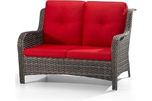 Joyside Outdoor Patio Wicker Loveseat Sofa - 2-Seater Rattan Sofa for Outside Patio Garden with Deep Seating and Olefin Cushions(Mixed Grey/Red)
