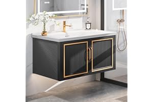 DWVO 32" Bathroom Vanity with Ceramic Sink, Floating Vanity with Cabinet, Wall Mount Modern Bathroom Vanity Includes Countertop, with Soft Closing Doors & Gold Metal Handle, Black