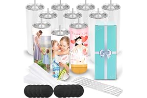 D·S 10 Pack Sublimation Tumblers Bulk 20 oz Skinny Straight Flat Bottom Blank Tumbler Cups with Individual Gift Boxed for Heat Transfer DIY Craft