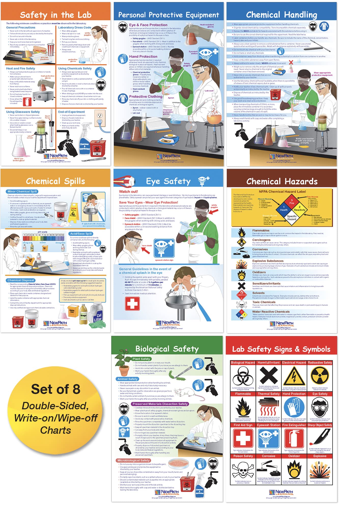 Photo 1 of NewPath Learning Safety in The Lab Bulletin Board Charts, Set/8 - Laminated, Double-Sided, Full-Color, 12" x 18" (94-5601)