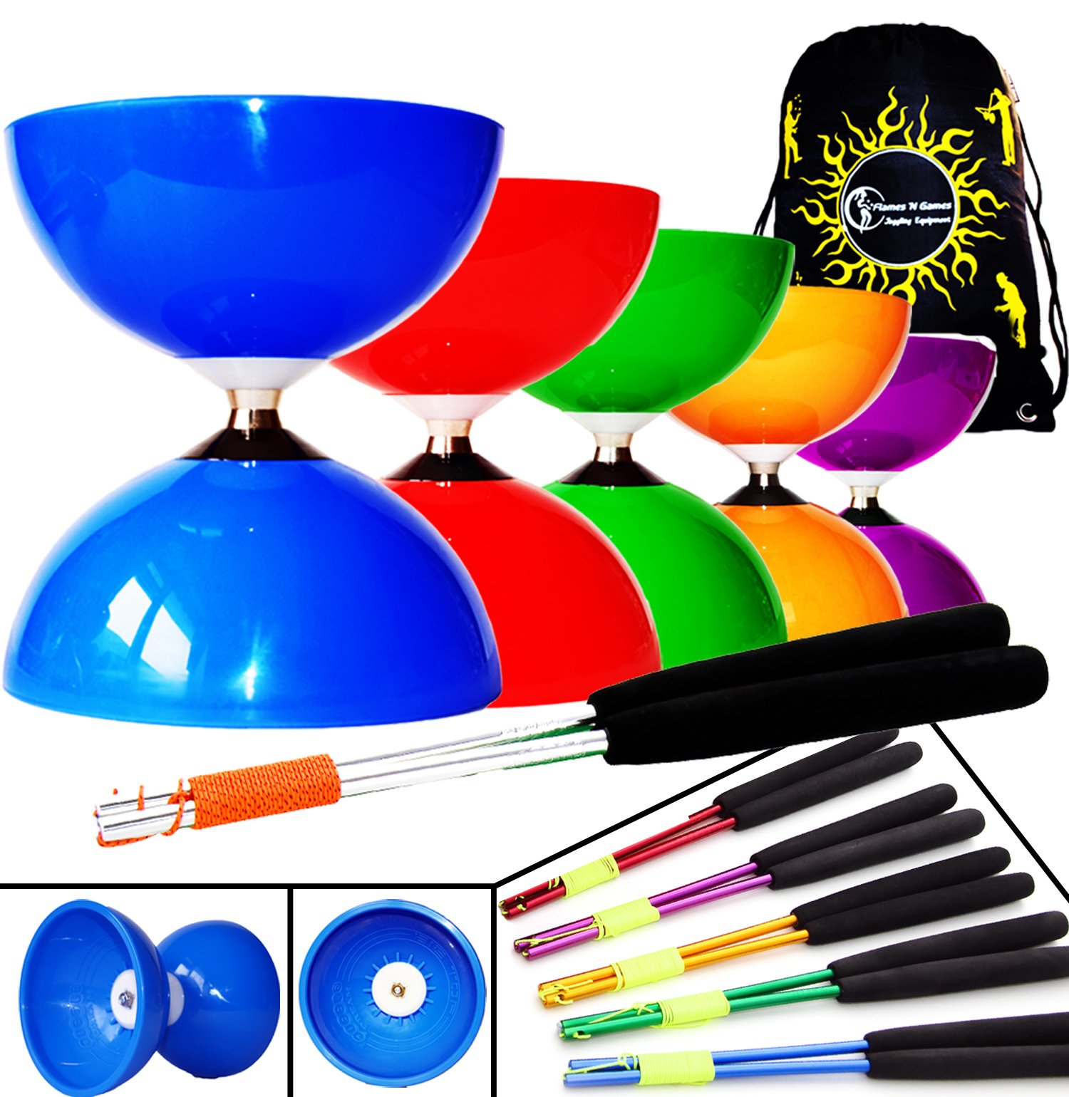 Big Top - Jumbo Ball Bearing Diabolo Set + Ali Dream Metal Diablo Handsticks, Diabolo String + Travel Bag! (Orange Diablo/Silver Sticks)