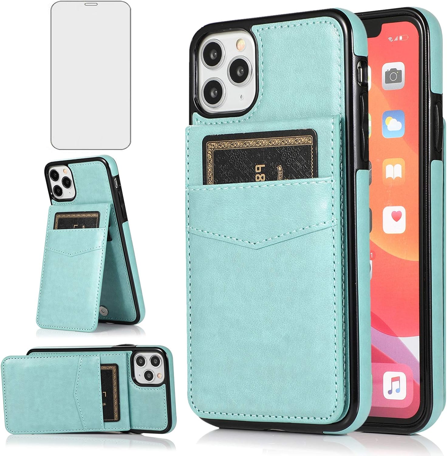 Asuwish Phone Case for iPhone 11 Pro Max 6.5 with Tempered Glass Screen Protector Credit Card Holder Wallet Cover Stand Leather Cell Accessories iPhone11 11pro Promax i XI Plus Cases Women Men Green